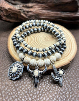 Western 3 Piece Bracelet Set with Steer, Cactus, & Concho Charms (4 Color Choices)