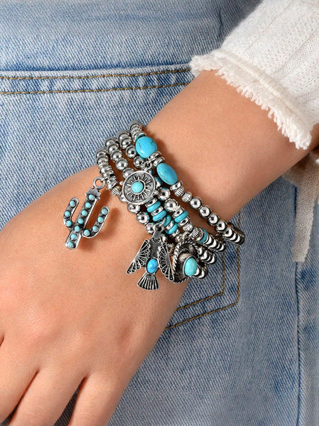 Turquoise & Silver Western Stack Bracelets with Thunderbird, Cactus, & Hat Charms (4 Pieces)