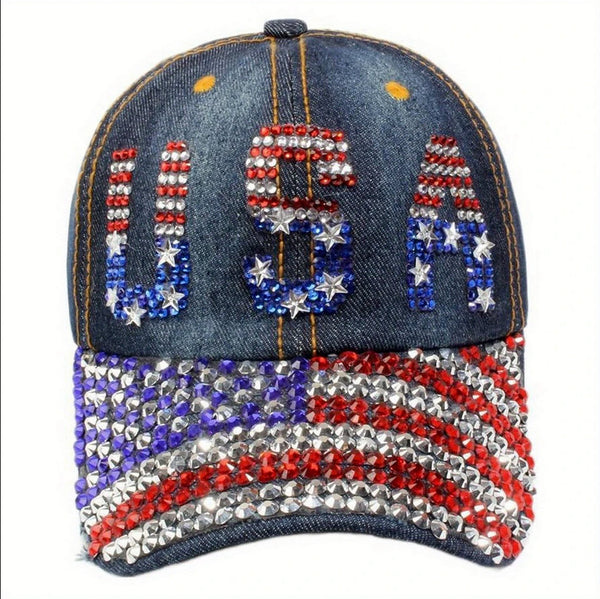 Rhinestone "USA" American Flag Cap