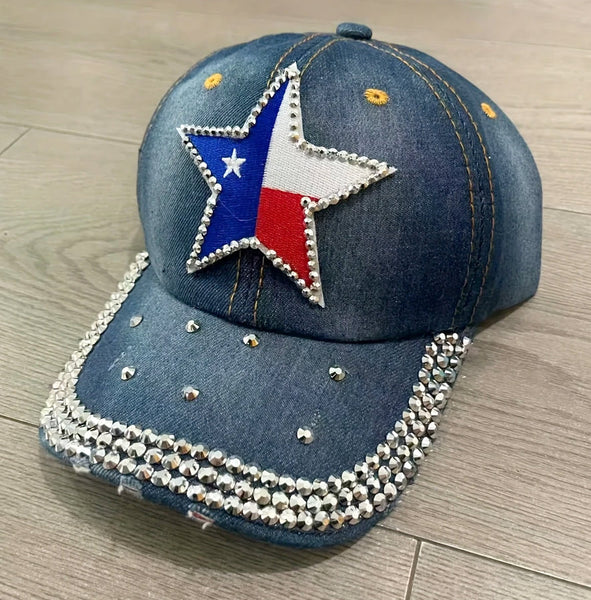 Distressed Denim Blingy "Texas Star" Cap