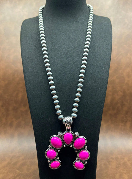 Western Oversized Pink Squash Blossom Beaded Necklace