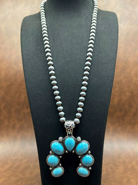 Western Oversized Turquoise Squash Blossom Beaded Necklace