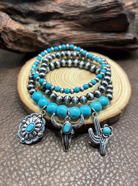 Western 3 Piece Bracelet Set with Steer, Cactus, & Concho Charms (4 Color Choices)