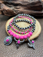 Western 3 Piece Bracelet Set with Steer, Cactus, & Concho Charms (4 Color Choices)