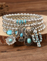 Turquoise & Silver Western Stack Bracelets with Thunderbird, Cactus, & Hat Charms (4 Pieces)