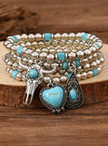 Turquoise & Silver Western Stack Bracelets with Heart, Steer, & Teardrop Charms (4 Pieces)
