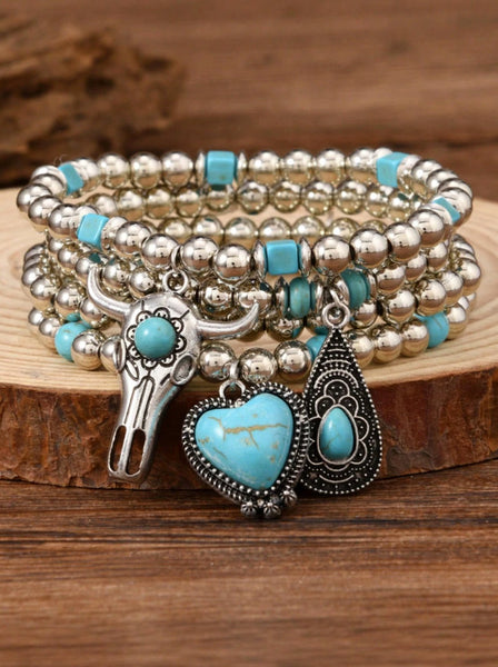 Turquoise & Silver Western Stack Bracelets with Heart, Steer, & Teardrop Charms (4 Pieces)