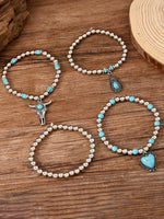 Turquoise & Silver Western Stack Bracelets with Heart, Steer, & Teardrop Charms (4 Pieces)