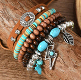Turquoise, Silver, Wood, & Leather Western Stack Bracelets with Charms (5 Pieces)