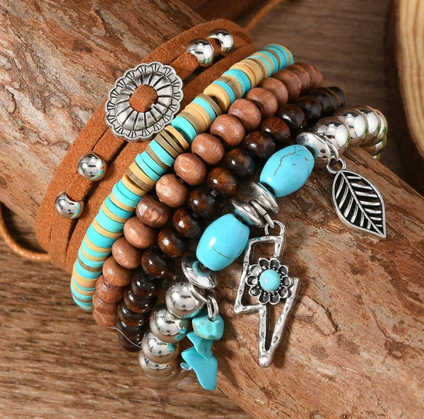 Turquoise, Silver, Wood, & Leather Western Stack Bracelets with Charms (5 Pieces)