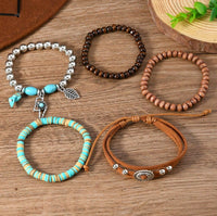 Turquoise, Silver, Wood, & Leather Western Stack Bracelets with Charms (5 Pieces)