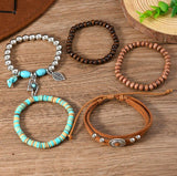 Turquoise, Silver, Wood, & Leather Western Stack Bracelets with Charms (5 Pieces)