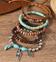 Turquoise, Silver, Wood, & Leather Western Stack Bracelets with Charms (5 Pieces)