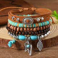 Turquoise, Silver, Wood, & Leather Western Stack Bracelets with Charms (5 Pieces)