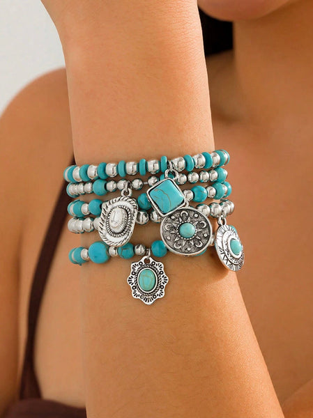 Turquoise & Silver Western Stack Bracelets with Charms (5 Pieces)
