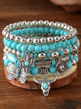5 Piece Set - Turquoise & Silver Western Stack Bracelets with Steer, Butterfly, Hat, & Cactus Charms