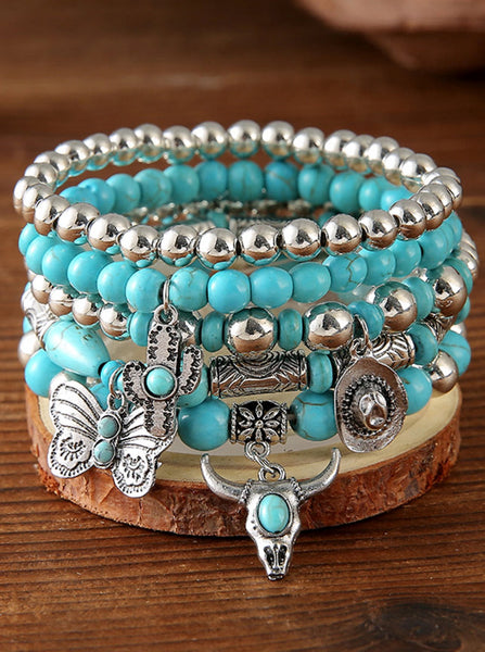 5 Piece Set - Turquoise & Silver Western Stack Bracelets with Steer, Butterfly, Hat, & Cactus Charms
