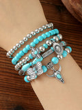 5 Piece Set - Turquoise & Silver Western Stack Bracelets with Steer, Butterfly, Hat, & Cactus Charms