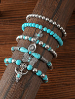 5 Piece Set - Turquoise & Silver Western Stack Bracelets with Steer, Butterfly, Hat, & Cactus Charms