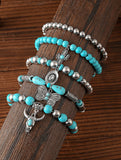 5 Piece Set - Turquoise & Silver Western Stack Bracelets with Steer, Butterfly, Hat, & Cactus Charms
