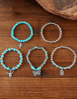 5 Piece Set - Turquoise & Silver Western Stack Bracelets with Steer, Butterfly, Hat, & Cactus Charms