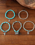 5 Piece Set - Turquoise & Silver Western Stack Bracelets with Steer, Butterfly, Hat, & Cactus Charms