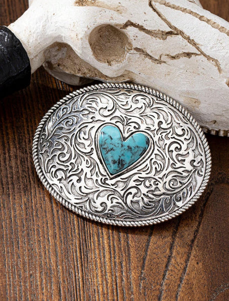Western Style Silvertone Hair Clip / Barrette with Faux Turquoise Heart Stone