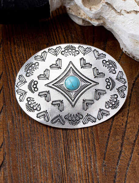 Western Style Silvertone Hair Clip / Barrette with Faux Turquoise Stone