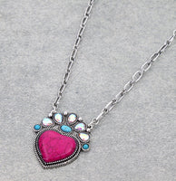 Western - Heart Hand Stone Necklace with Matching Earrings (2 Color Choices)