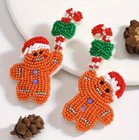 CHRISTMAS Beaded Gingerbread Boy Dangling from a Candy Cane Earrings