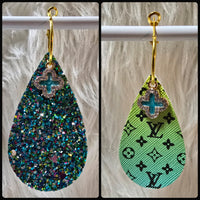 Green Yellow Ombre & Black Interchangeable Teardrop Earrings with Rhinestone Charms