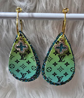 Green Yellow Ombre & Black Interchangeable Teardrop Earrings with Rhinestone Charms
