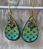 Green Yellow Ombre & Black Interchangeable Teardrop Earrings with Rhinestone Charms