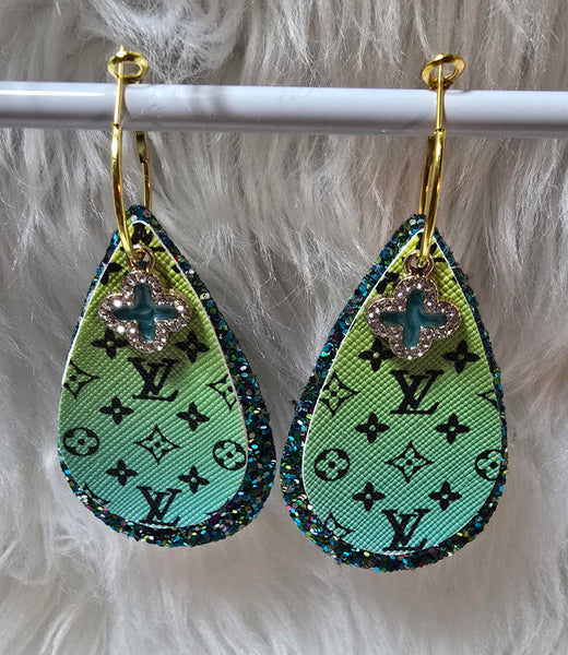 Green Yellow Ombre & Black Interchangeable Teardrop Earrings with Rhinestone Charms