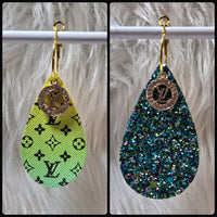 Yellow Green Ombre & Black Interchangeable Teardrop Earrings with Rhinestone Charms