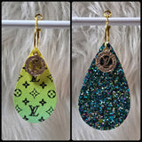 Yellow Green Ombre & Black Interchangeable Teardrop Earrings with Rhinestone Charms