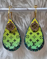 Yellow Green Ombre & Black Interchangeable Teardrop Earrings with Rhinestone Charms