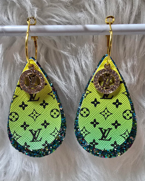 Yellow Green Ombre & Black Interchangeable Teardrop Earrings with Rhinestone Charms