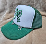 Handcrafted Green & White Checkered Bow Trucker's Cap with Hat Chain