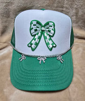 Handcrafted Green & White Checkered Bow Trucker's Cap with Hat Chain