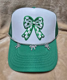 Handcrafted Green & White Checkered Bow Trucker's Cap with Hat Chain