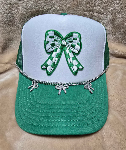 Handcrafted Green & White Checkered Bow Trucker's Cap with Hat Chain