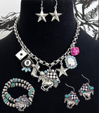 Western Checkered Horse Charm Necklace, Earrings, & Bracelet