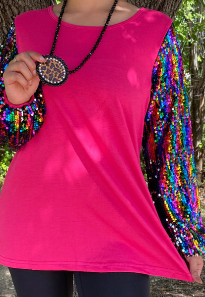 Hot Pink Top W/Multi-Color Sequin Sleeves