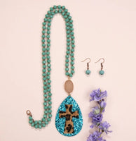 Turquoise Glitter & Leopard Cross Necklace Set with Bonus Matching Earrings