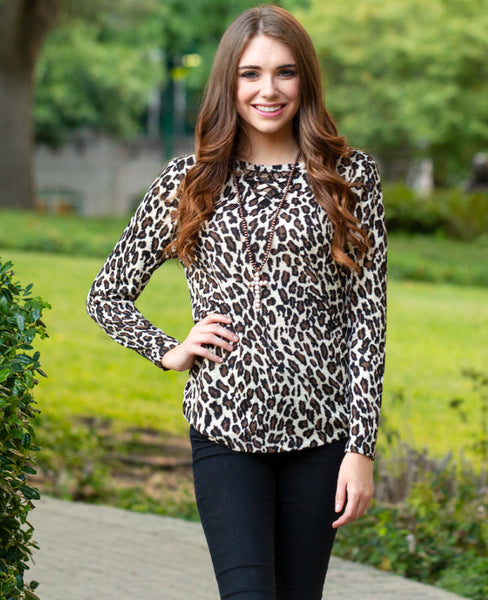 Leopard Print Long Sleeve Criss Cross Top With Lace Accent