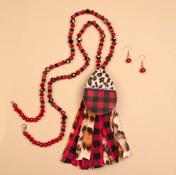 Leopard & Buffalo Plaid Tassel Necklace Set (2 Colors Available)