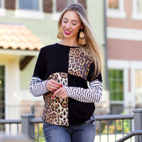 Black & Leopard Print Top with Striped Long Sleeve Shirt