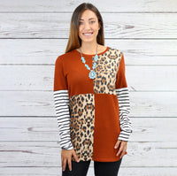 Rust & Leopard Print Top with Striped Long Sleeve Shirt