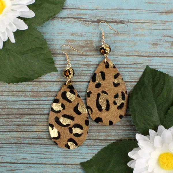 Leopard Teardrop Earrings with Gold Leaf (2 Colors Available)